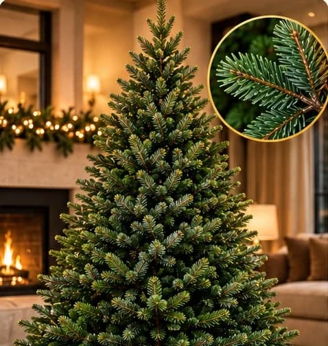 Fraser Fir Christmas tree set up in a living room next to a lit fireplace