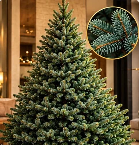 Noble Fir Christmas tree with silvery blue green needles in a bright family room