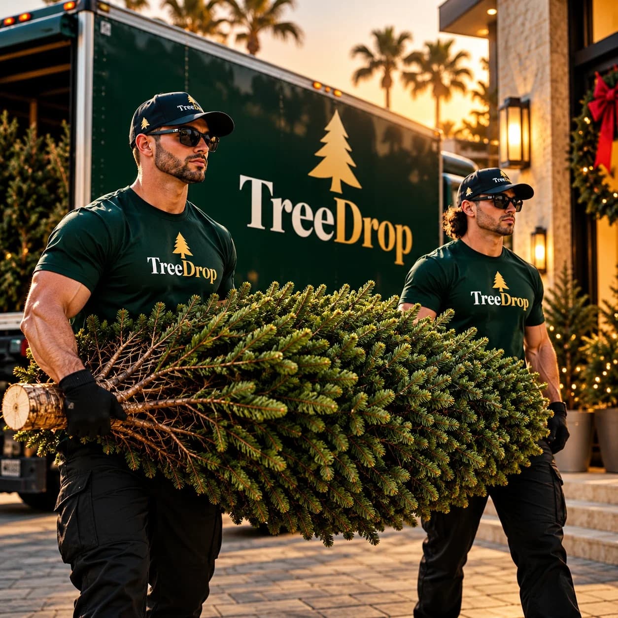 TreeDrop crew carrying a fresh Christmas tree from the truck to a home, palm trees behind them